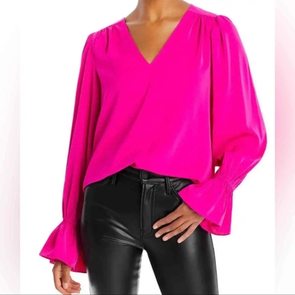 Aqua Vibrant Pink Puff Sleeve V-Neck Blouse  Sz XS
